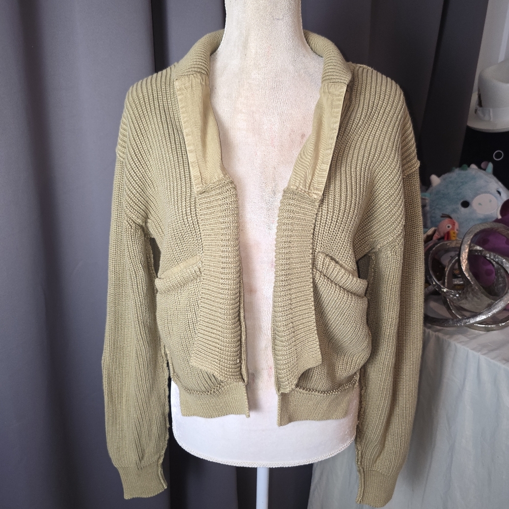 Free People We The Free Cropped Cardigan Olive S NWT $158 Utility Knit Sweater
